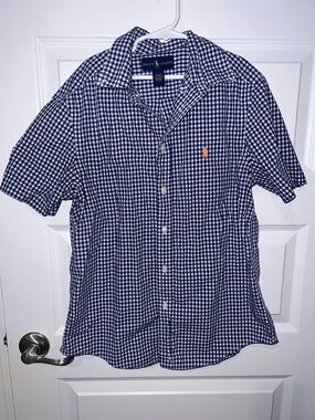 Size large boys (14-16)Ralph Lauren Navy Gingham Short-Sleeve Button-Down Shirt